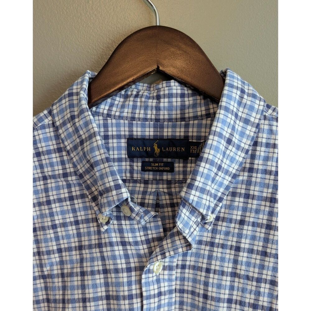 Ralph Lauren Mens 2XL Blue Check Stretch Oxford Shirt Slim Fit Button Down OCBD